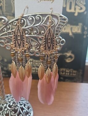 Boho Pink Feather & Gold Drop Earrings